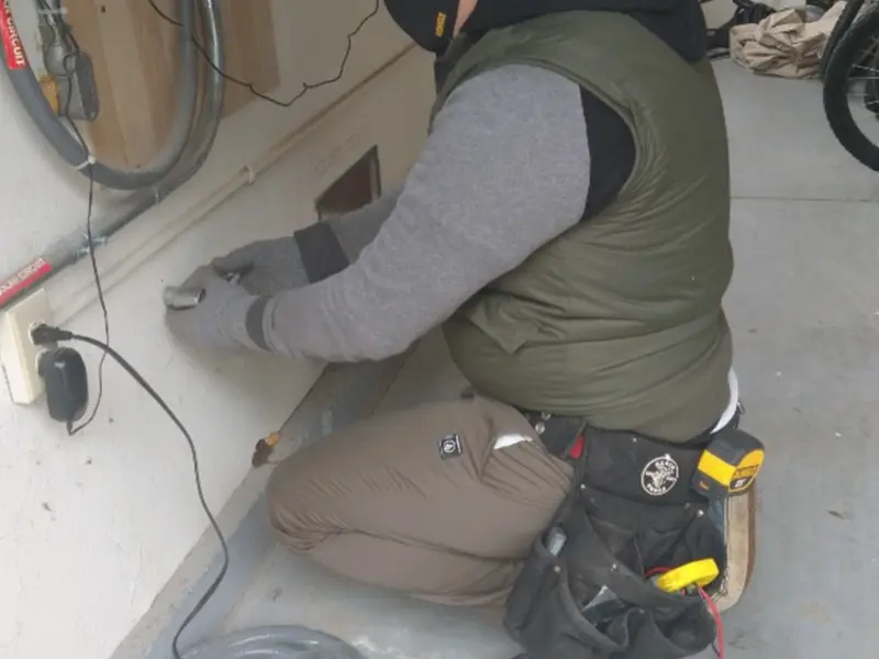 Electrician performing outlet wiring in a Halfmoon garage